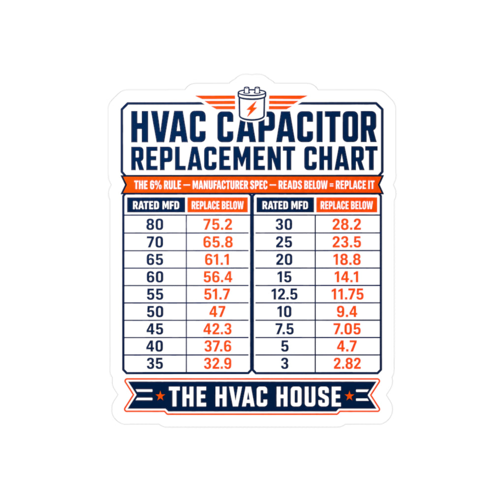 HVAC Capacitor Replacement Chart Decal, MFD Reference Sticker, HVAC Technician Tool Gift, 6% Rule AC Repair Tech Kiss-Cut Vinyl