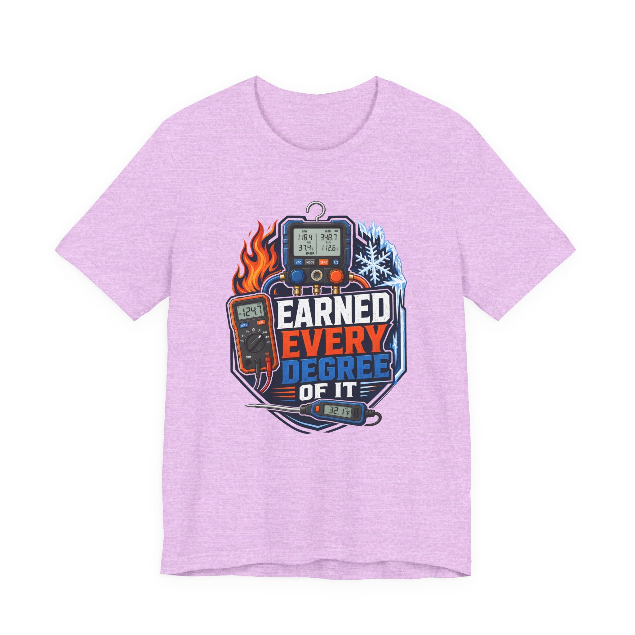 Earned Every Degree Of It HVAC Tech Shirt, Manifold Gauge Fire & Ice Tee, Funny HVAC Technician Gift, AC Heating Refrigeration T-Shirt