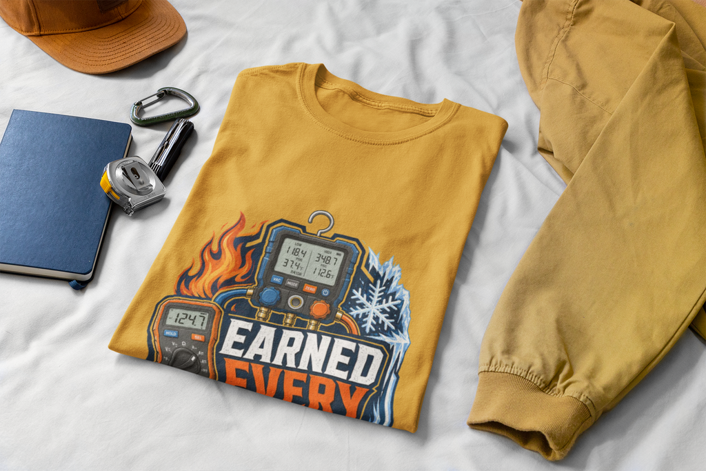Earned Every Degree Of It HVAC Tech Shirt, Manifold Gauge Fire & Ice Tee, Funny HVAC Technician Gift, AC Heating Refrigeration T-Shirt