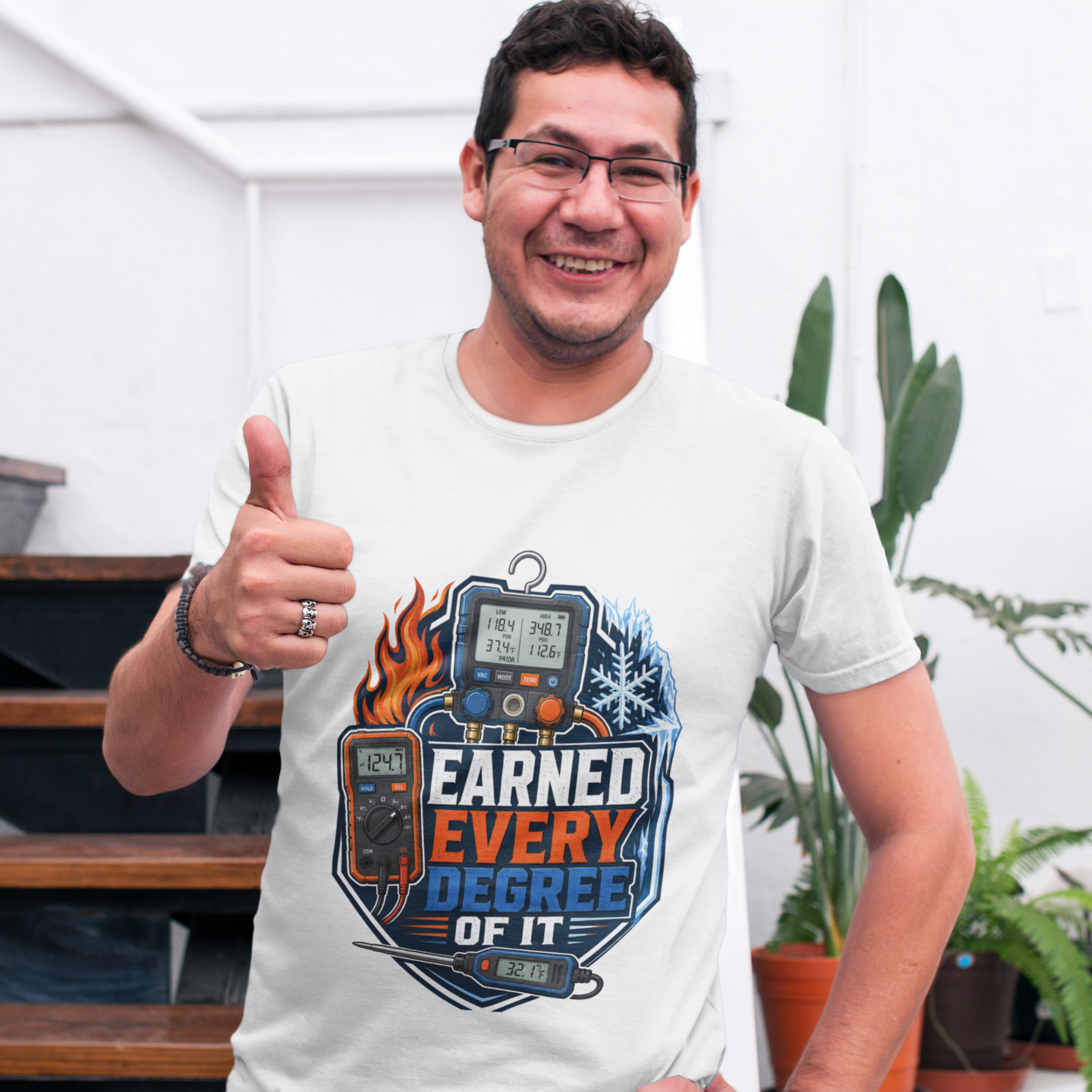 Earned Every Degree Of It HVAC Tech Shirt, Manifold Gauge Fire & Ice Tee, Funny HVAC Technician Gift, AC Heating Refrigeration T-Shirt