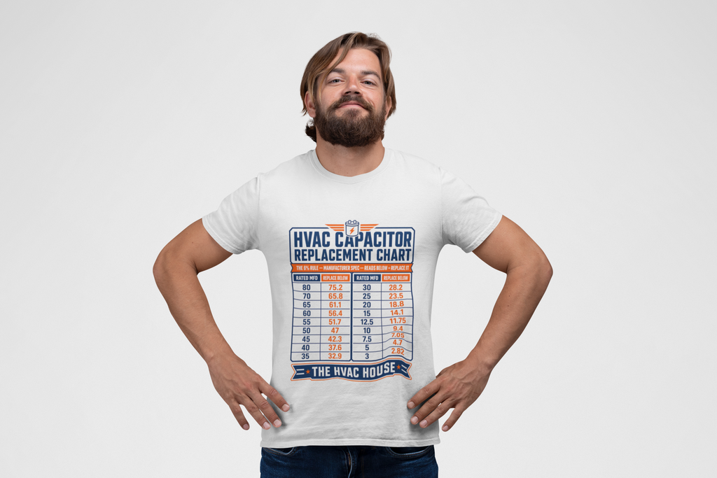 HVAC Capacitor Replacement Chart Shirt, HVAC Technician Tool Gift, 6% Rule MFD Reference Tee, AC Repair Tradesman Cheat Sheet T-Shirt