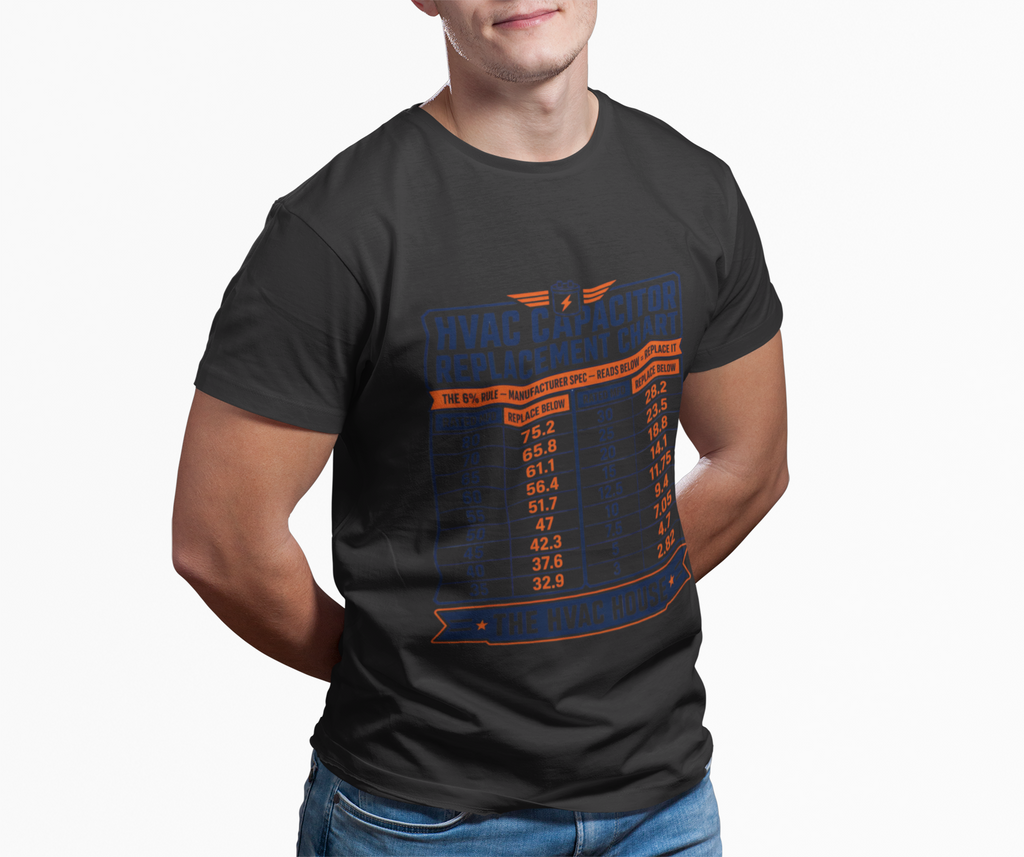 HVAC Capacitor Replacement Chart Shirt, HVAC Technician Tool Gift, 6% Rule MFD Reference Tee, AC Repair Tradesman Cheat Sheet T-Shirt
