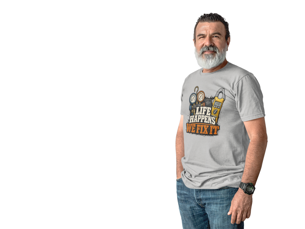 Life Happens We Fix It Tee — HVAC Tech Gauges & Clamp Meter Shirt