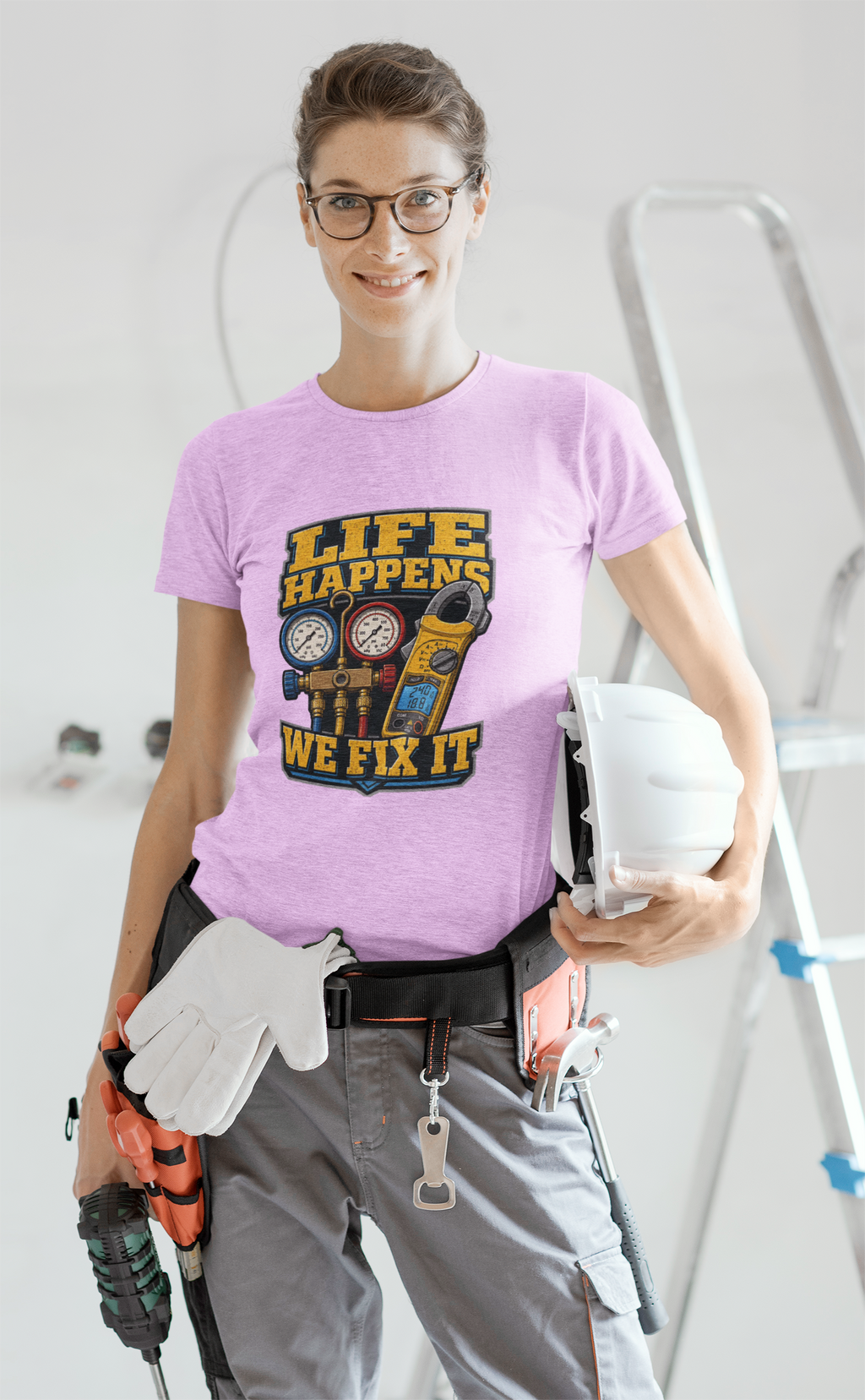 Life Happens We Fix It Tee — Bold HVAC Tech Badge Gauges Shirt