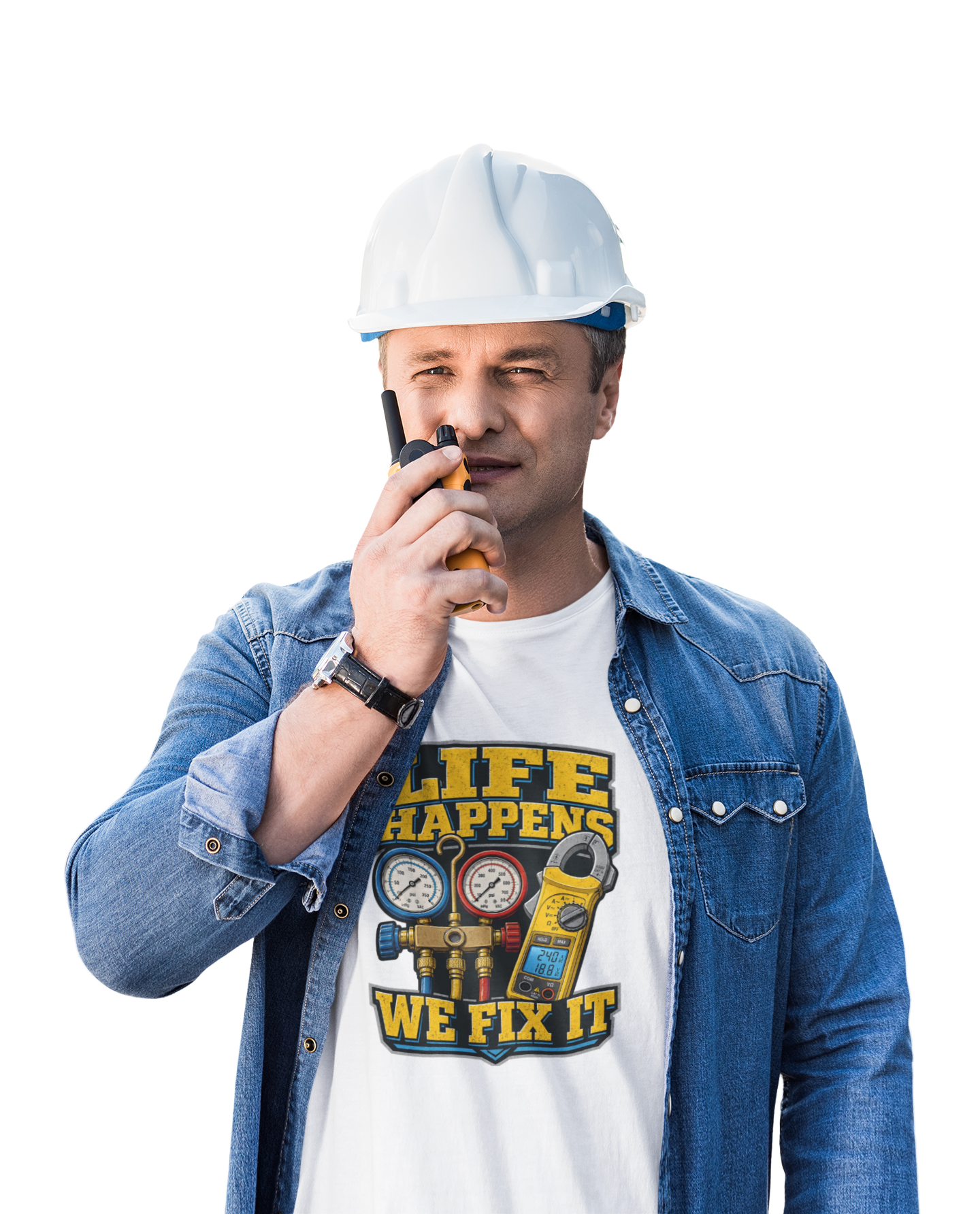 Life Happens We Fix It Tee — Bold HVAC Tech Badge Gauges Shirt