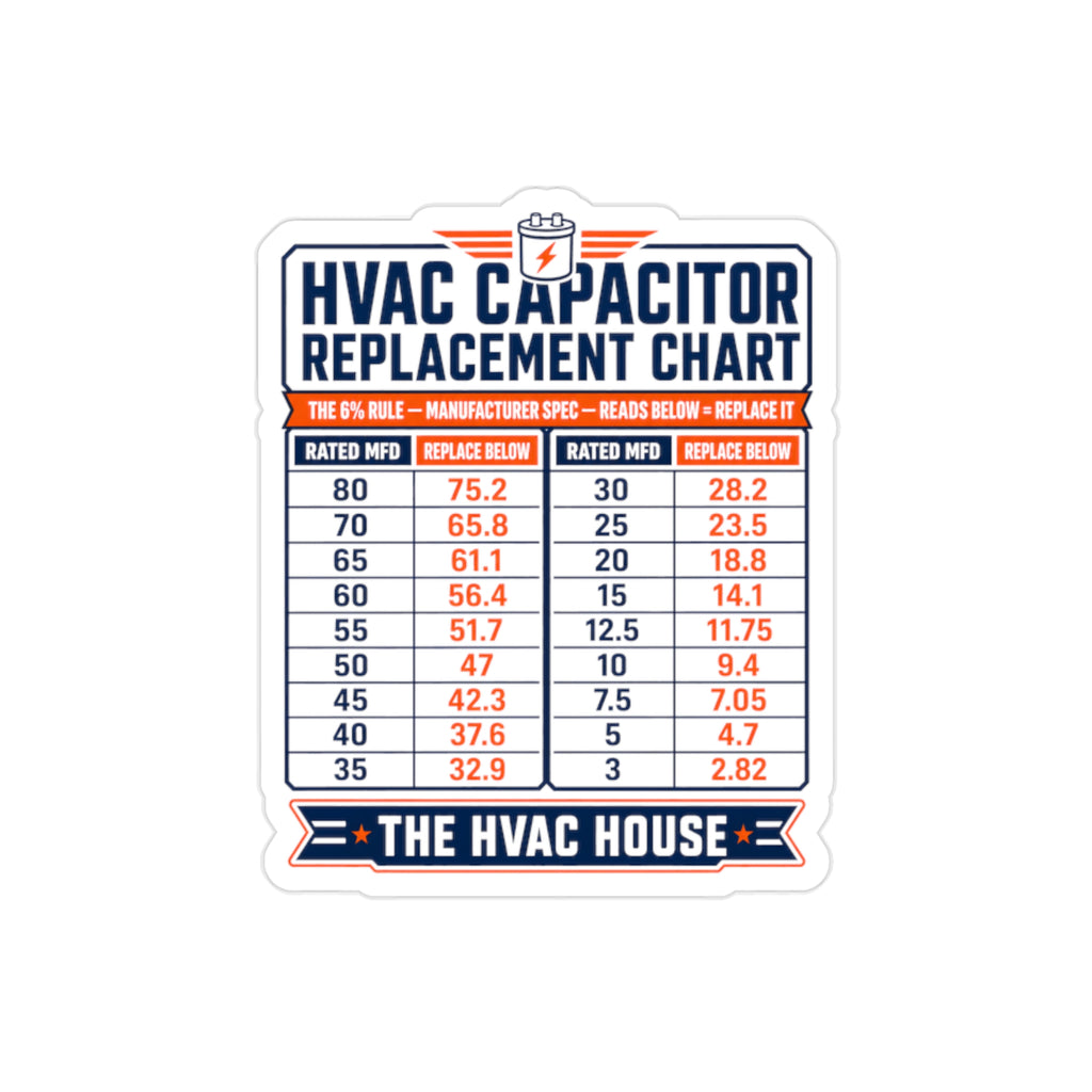 HVAC Capacitor Replacement Chart Sticker, MFD Reference Toolbox Decal, HVAC Technician Tool Gift, 6% Rule AC Repair Tech Sticker